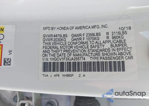 2018 Honda Accord Sport from USA, damaged, VIN 1HGCV1F3XJA255774